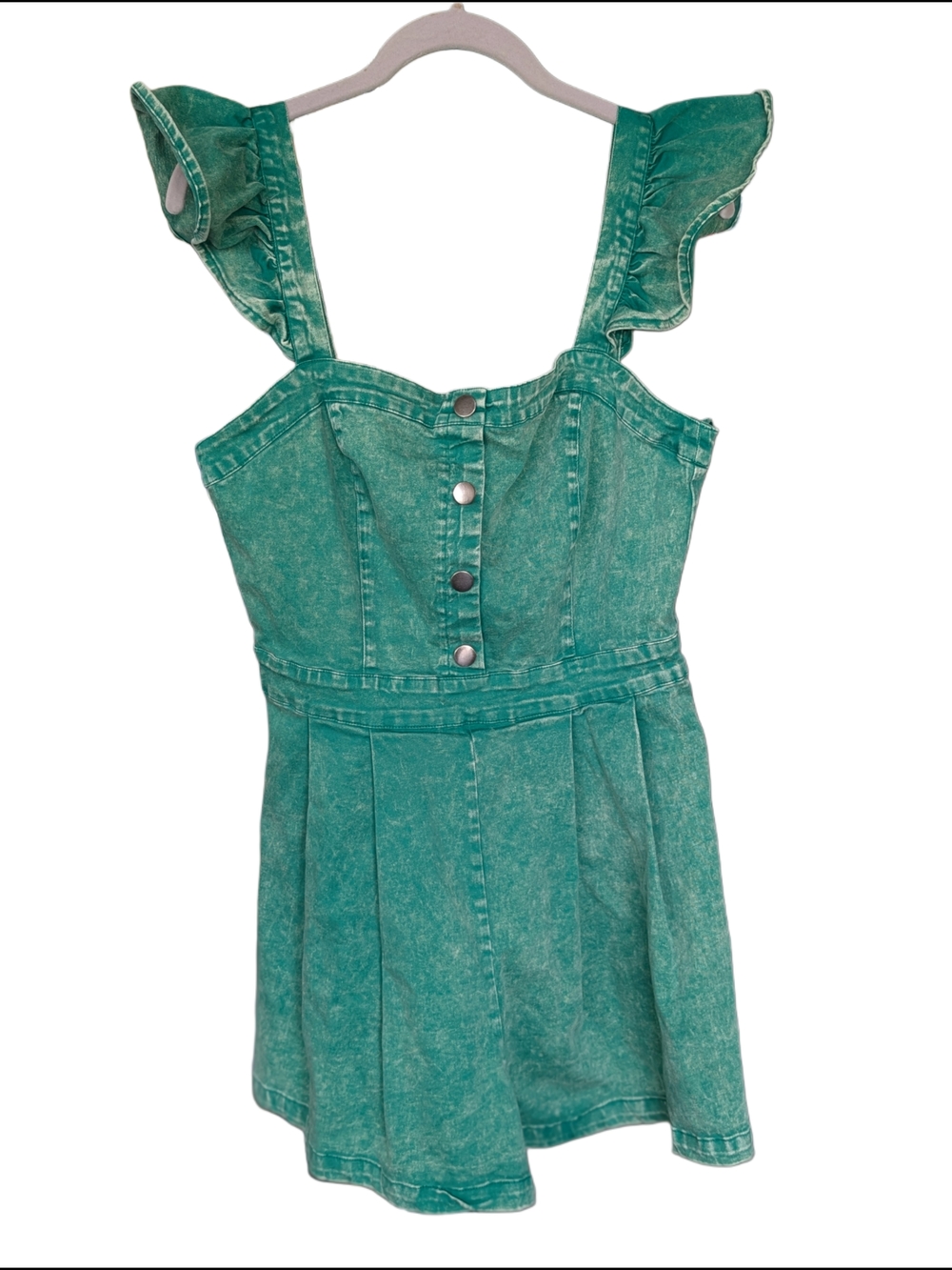 Flying Tomato LA Green Acid Washed Denim Romper with Ruffle Straps